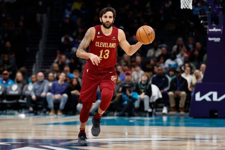 Cleveland Cavaliers guard Ricky Rubio (13) brings the ball up the court during the first half against the Charlotte Hornets at Spectrum Center.