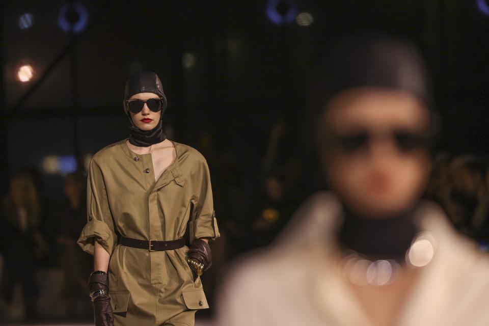 A model wears a creation for the Yves Saint Laurent Spring/Summer 2024 womenswear fashion collection presented Tuesday, Sept. 26, 2023 in Paris. (AP Photo/Vianney Le Caer)