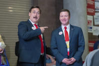 My Pillow CEO Mike Lindell points to GOP candidate for attorney general Doug Wardlow during the first day of the Minnesota State Republican Convention, Friday, May 13, 2022, at the Mayo Civic Center in. Rochester, Minn. (Glen Stubbe/Star Tribune via AP)