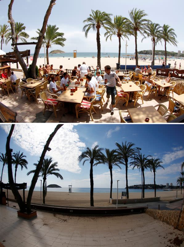 A combination photo shows tourists in a terrace at the beach of Magaluf, July 22, 2011, and the beach empty during the coronavirus disease (COVID-19) outbreak in Magaluf