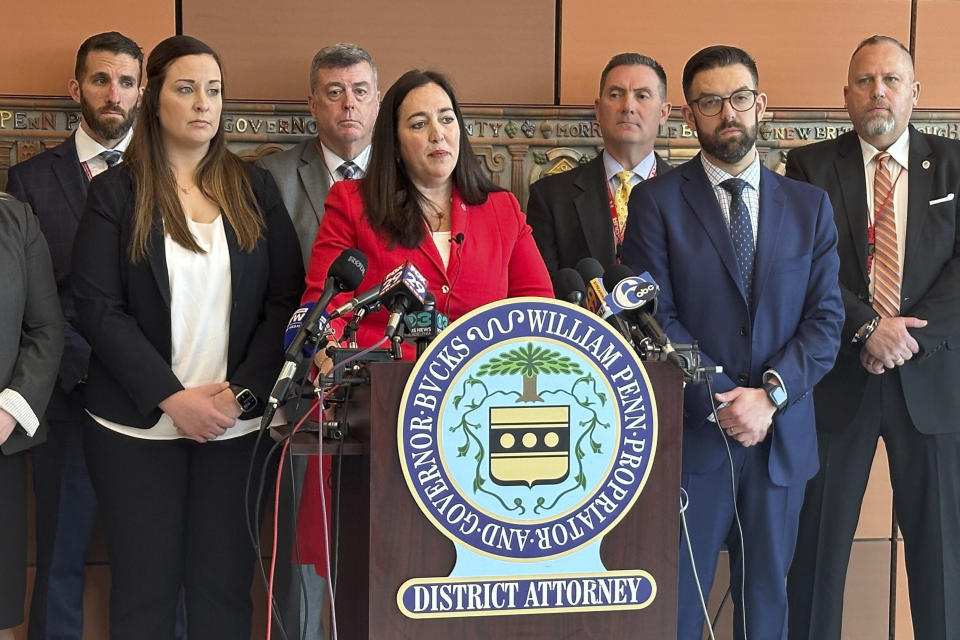 District Attorney Jennifer Schorn speaks during a news conference at Bucks County Justice Center in Doylestown, Pa., on Friday, Feb. 2, 2024. (AP Photo/Tassanee Vejpongsa)