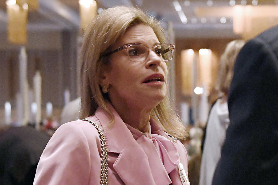 FILE — Republican candidate for U.S. Senate Leora Levy talks to delegates at the State Republican Convention, May 7, 2022, in Mashantucket, Conn. (AP Photo/Jessica Hill, File)