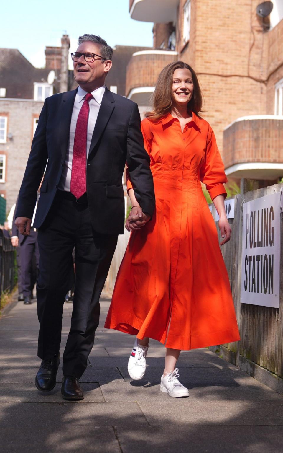 Seeing red: Victoria Starmer chose another brightly hued dress, by New York designer Jonathan Simkhai, to wear to the polling station yesterday