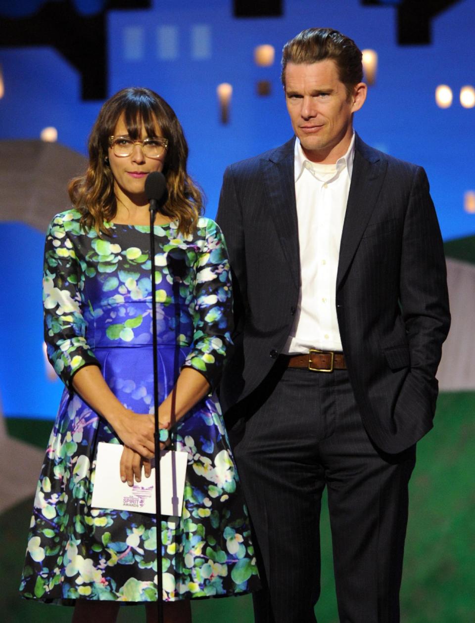 Rashida Jones and Ethan Hawke present an award onstage at the Independent Spirit Awards on Saturday, Feb. 25, 2012, in Santa Monica, Calif. (AP Photo/Vince Bucci)