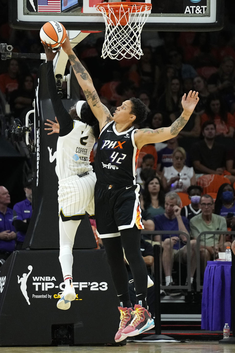 Phoenix Mercury center Brittney Griner (42) blocks the shot of Chicago Sky guard Kahleah Copper (2) during the first half of a WNBA basketball game, Sunday, May 21, 2023, in Phoenix. (AP Photo/Ross D. Franklin)