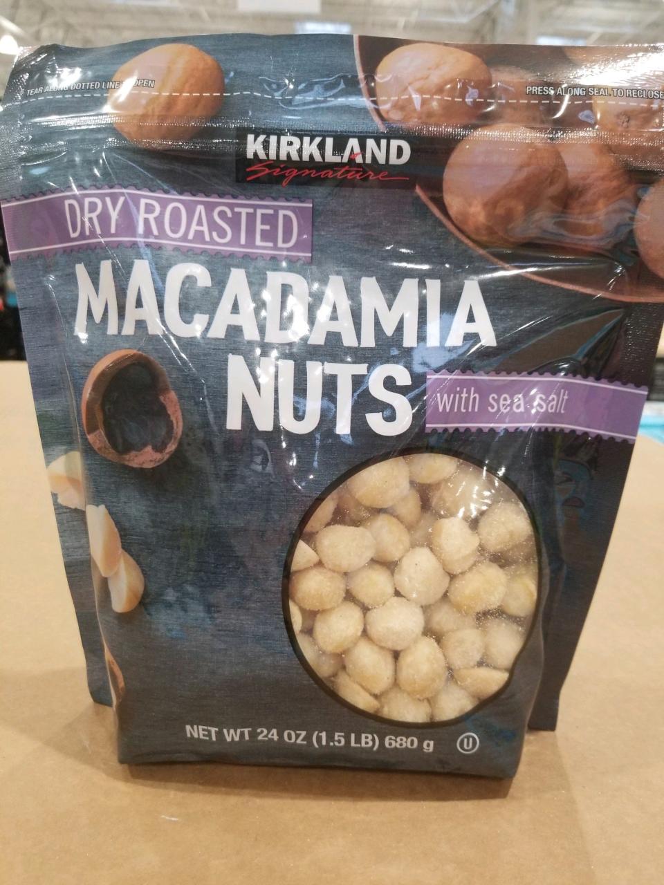Kirkland dry-roasted macadamia nuts with sea salt.