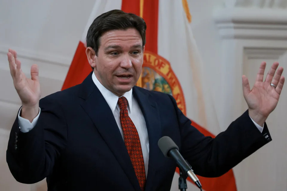 Florida Governor Ron DeSantis speaks at a news conference in Miami. (Joe Raedle / Getty Images)
