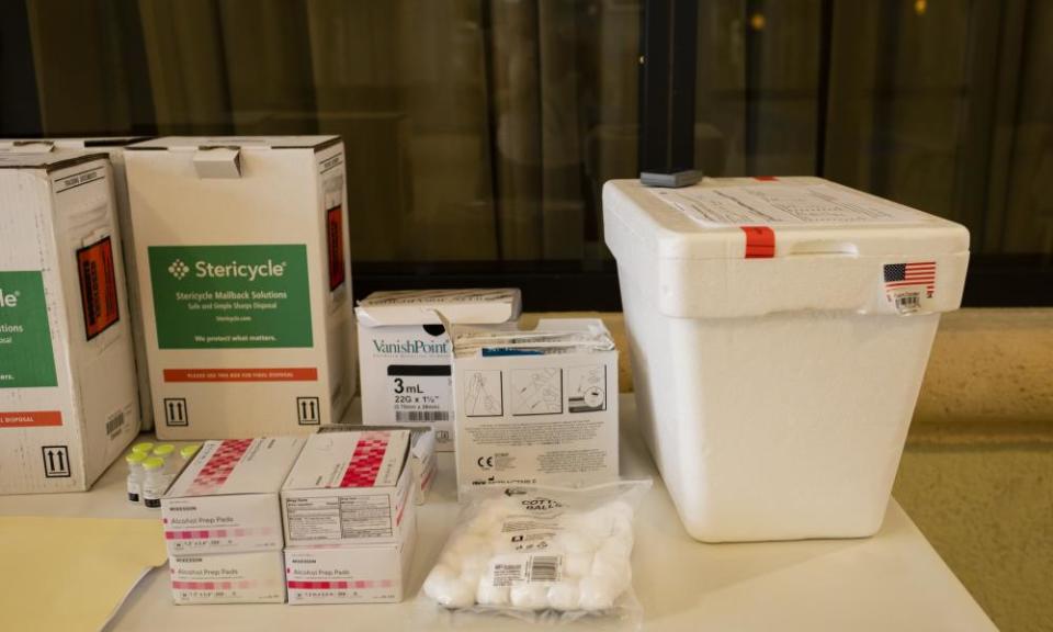 A cooler containing vials of the Pfizer-BioNTech Covid-19 vaccine is seen at The Palace, an independent living community for seniors, at Coral Gables in Miami, Florida.