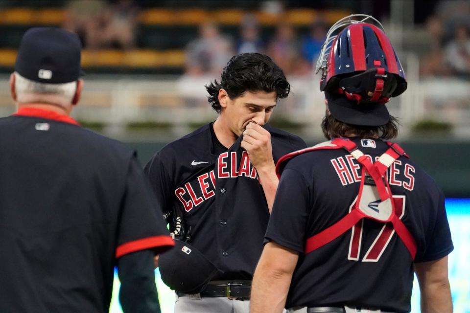 Guardians pitcher Cal Quantrill, center, has delivered consistent performances since becoming a permanent member of the rotation in 2021. [Jim Mone/Associated Press]