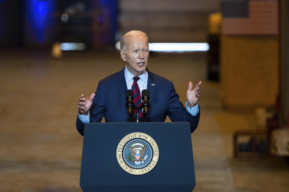 President Joe Biden speaks at a shipyard in Philadelphia, Thursday, July 20, 2023. Biden is visiting the shipyard to push for a strong role for unions in tech and clean energy jobs. (AP Photo/Joe Lamberti)