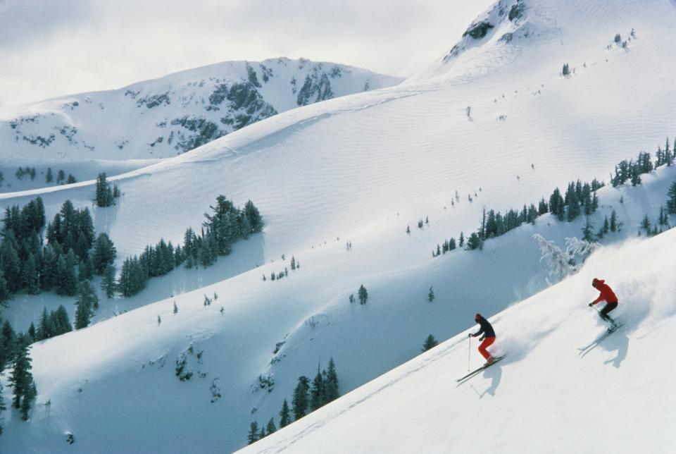 Two skiers in the Sierra Nevadas.