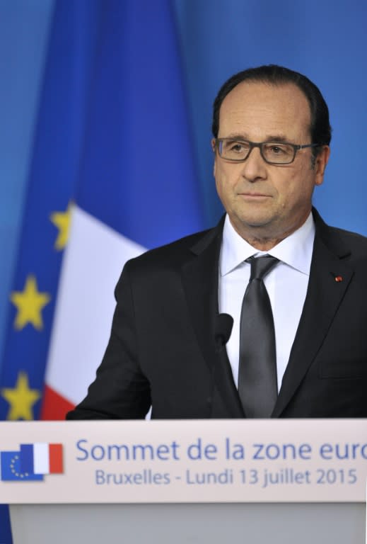 French President Francois Hollande hailed the Greek bailout agreement after talks in Brussels, on July 13, 2015