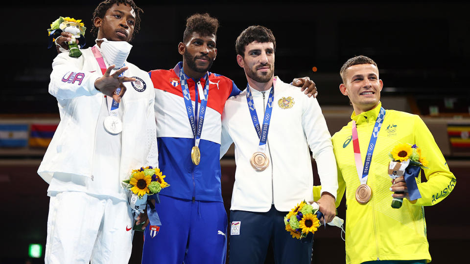 Harry Garside won the hearts of Australian sporting fans after winning bronze in the boxing at the Tokyo Olympics. (Photo by Buda Mendes/Getty Images)