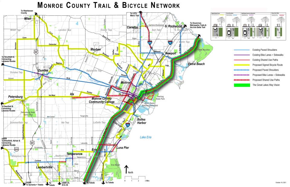 A safe network of trails and bicycle routes linking Monroe County communities is shown on this map along with a vision of a proposed Great Lakes Way trail through the county. The Trail and Bicycle Plan builds on a vision for non-motorized corridors that has evolved since 2006 to include a system of both on-road and off-road paths.