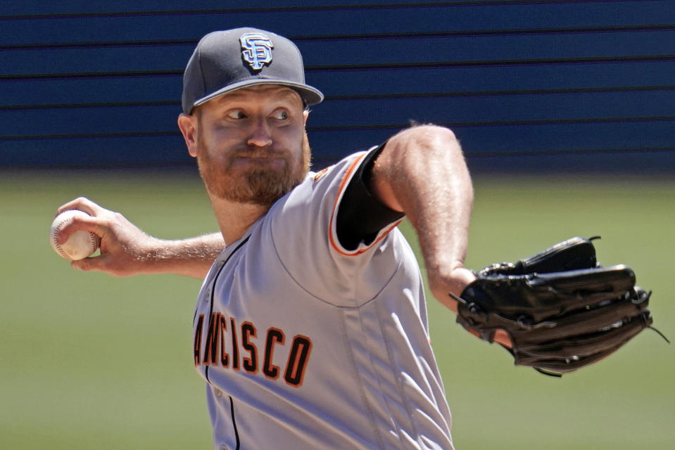 San Francisco Giants starting pitcher Alex Cobb delivers during the first inning of a baseball game against the Pittsburgh Pirates in Pittsburgh, Sunday, June 19, 2022. (AP Photo/Gene J. Puskar)