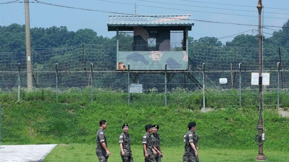 PHOTO: South Korean army soldiers pass by a military guard post at the Imjingak Pavilion in Paju, South Korea, near the border with North Korea, Wednesday, July 19, 2023. (Ahn Young-joon/AP)