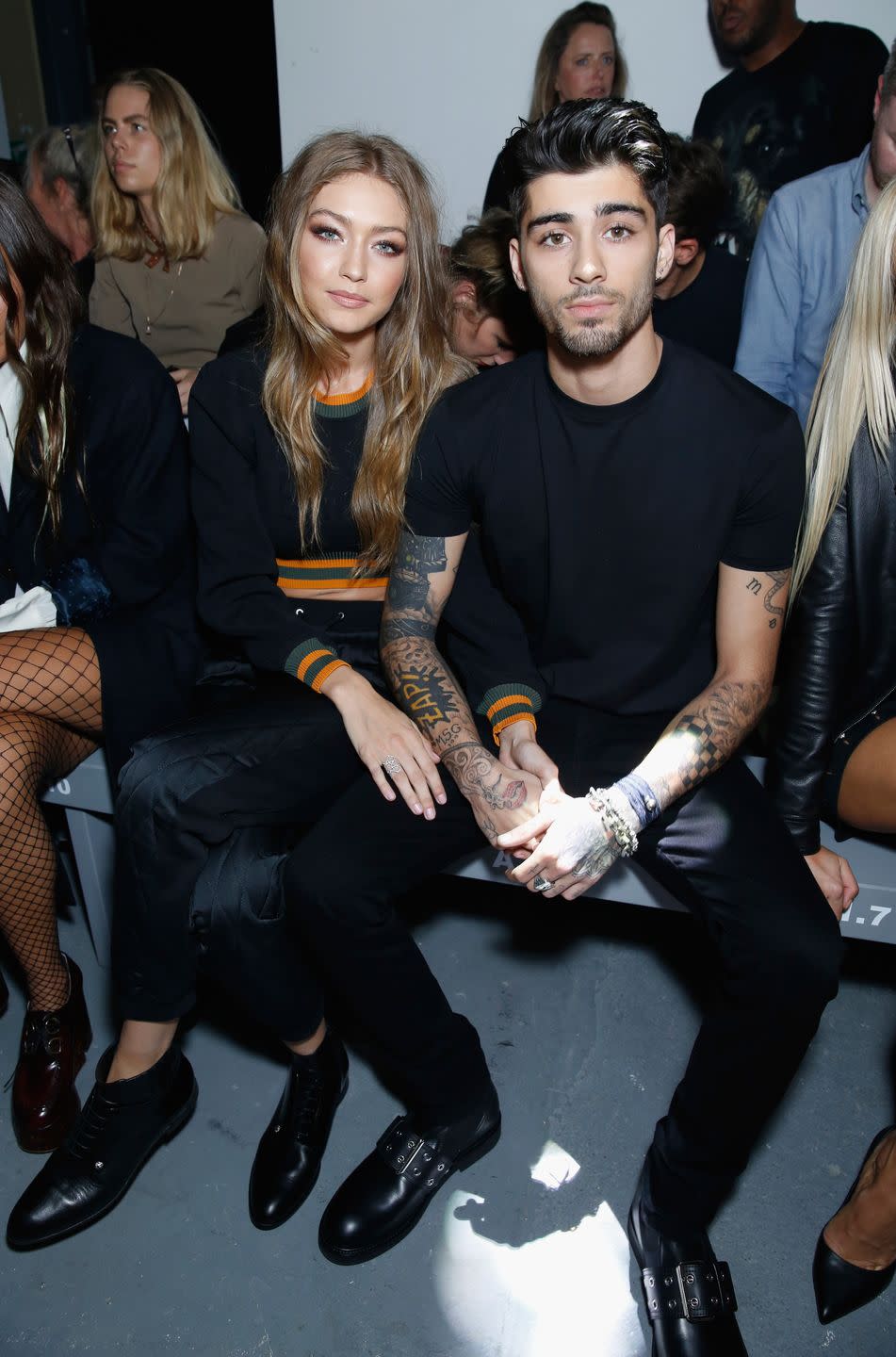 london, england september 17 gigi hadid and zayn malik attend the versus versace show during london fashion week springsummer collections 20162017 on september 17, 2016 in london, united kingdom photo by darren gerrishwireimage