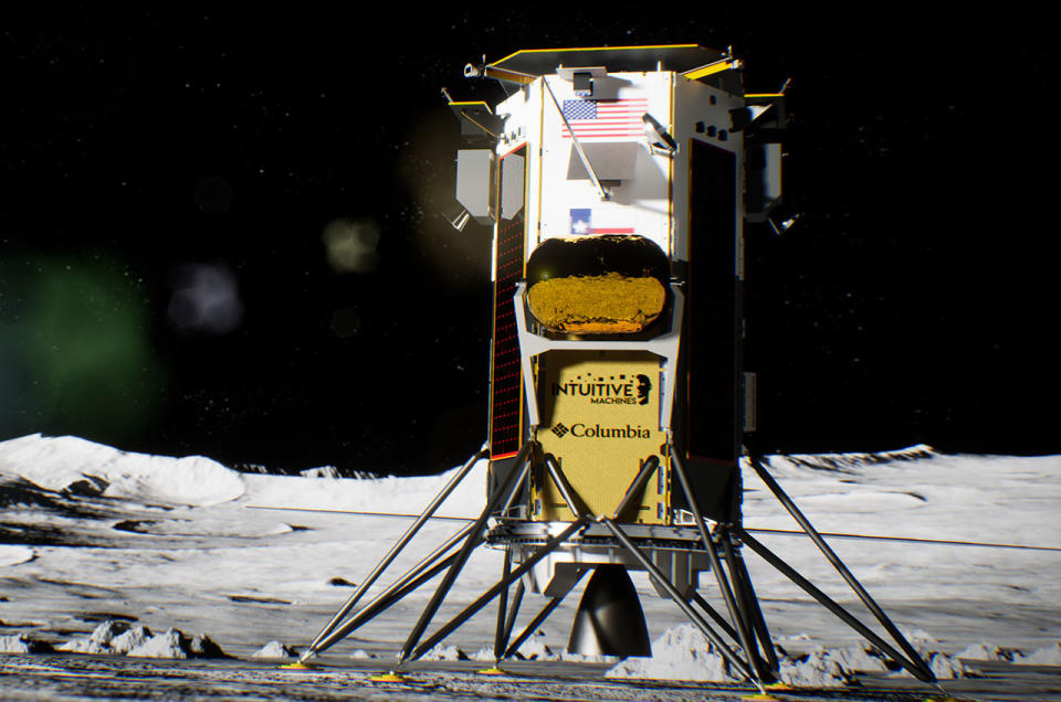 Image of Intuitive Machines' IM-1 Nova-C lunar lander adorned with the Columbia logo on the lunar surface.