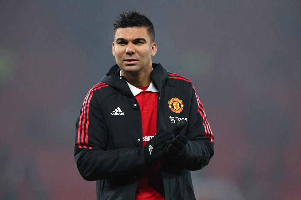 MANCHESTER, ENGLAND - JANUARY 28: Casemiro of Manchester United during the Emirates FA Cup Fourth Round match between Manchester United and Reading  at Old Trafford on January 28, 2023 in Manchester, England. (Photo by Robbie Jay Barratt - AMA/Getty Images)