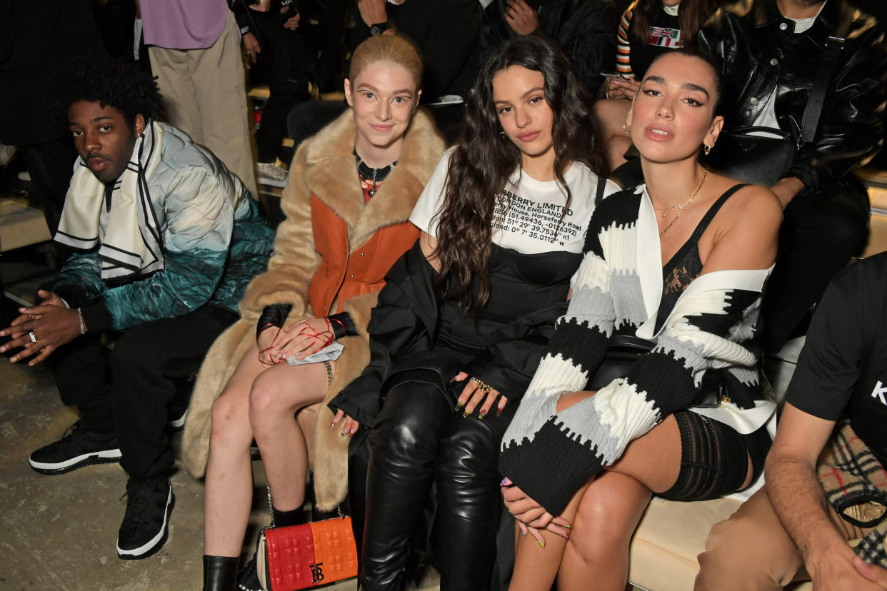 LONDON, ENGLAND - SEPTEMBER 16:  (L to R)  Brent Faiyaz, Hunter Schafer, Rosalia and Dua Lipa attend the Burberry September 2019 show during London Fashion Week, on September 16, 2019 in London, England.  (Photo by David M. Benett/Dave Benett/Getty Images for Burberry)