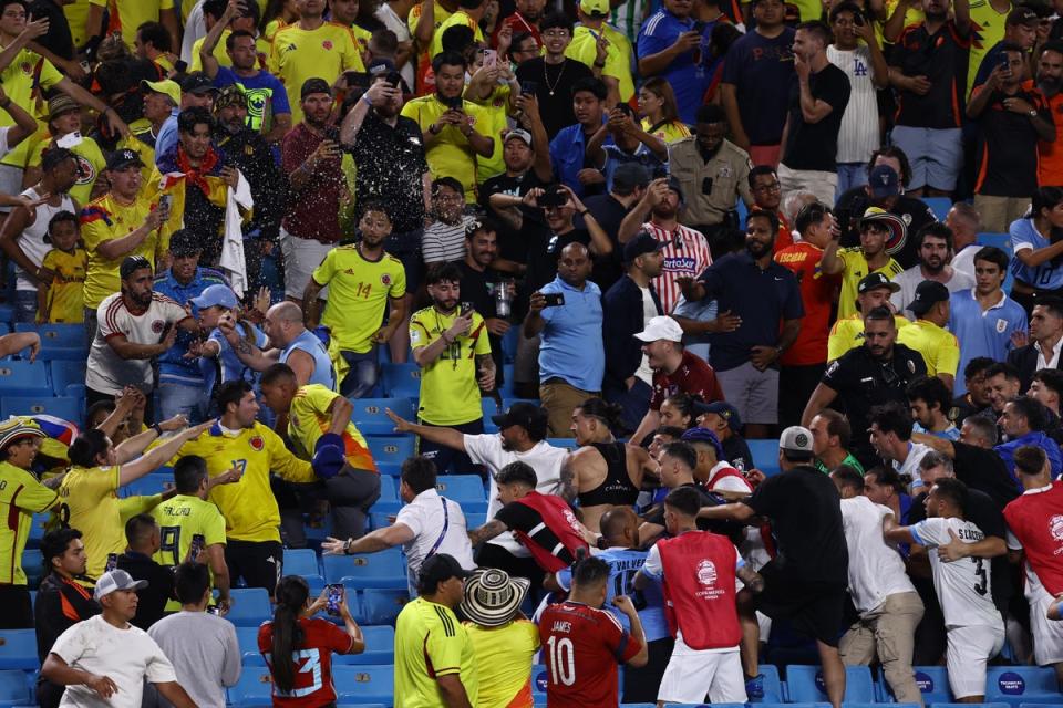 Shocking scenes: Darwin Nunez was among the Uruguay players who appeared to confront Colombia fans in the stands (Getty Images)