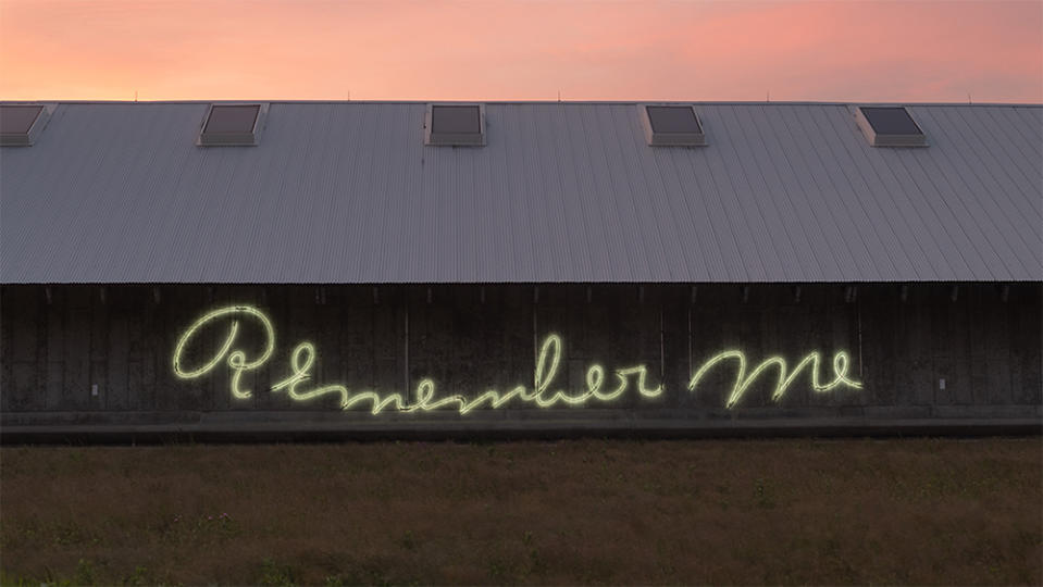 An installation view of Hank Willis Thomas’s Remember Me, 2020, white neon with black painted front - Credit: Courtesy of the Artist/Jack Shainman Gallery/Photo by Gary Mamay