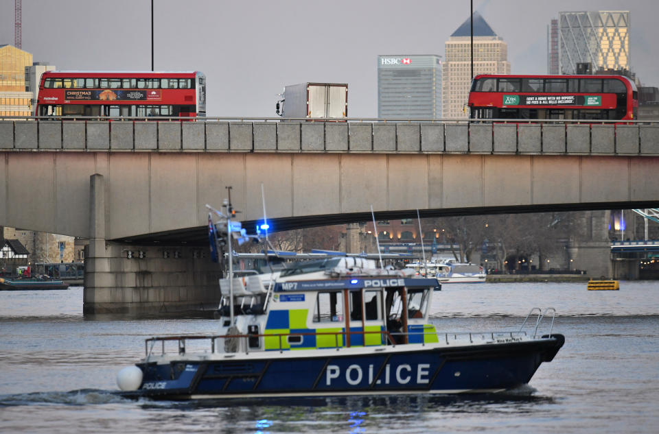 A police boat on the River Thames near London bridge following a 'terror related' incident.