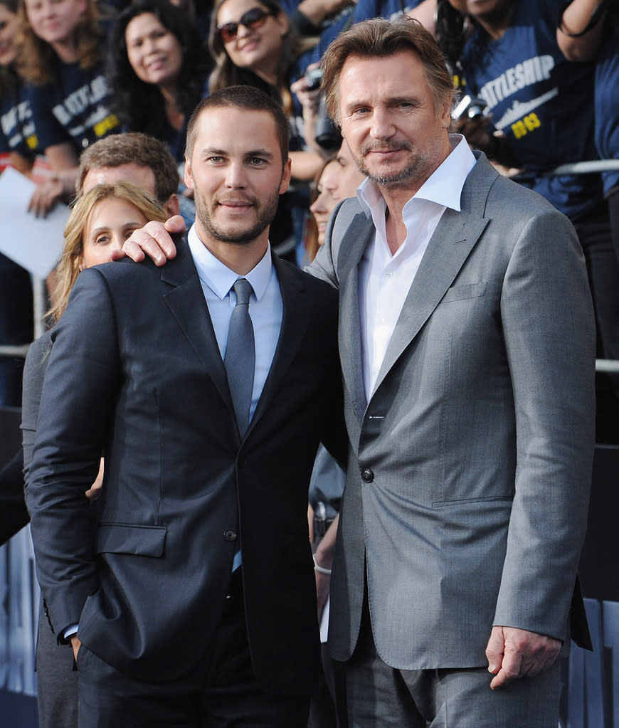 Taylor Kitsch and Liam Neeson attend the Los Angeles premiere of "Battleship" on May 10, 2012.<br>