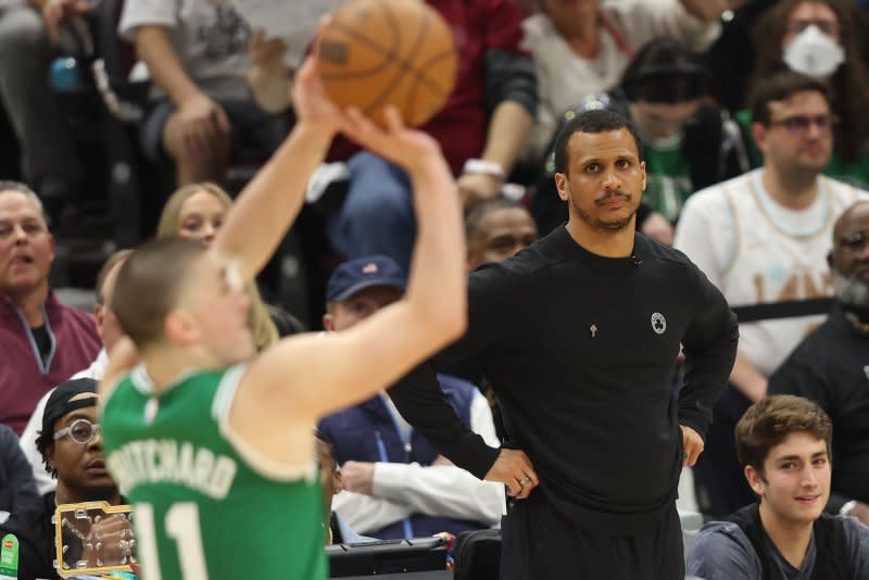 Head coach Joe Mazzulla (R) and the Boston Celtics are favorites to beat the Dallas Mavericks in the NBA Finals. File Photo by Aaron Josefczyk/UPI