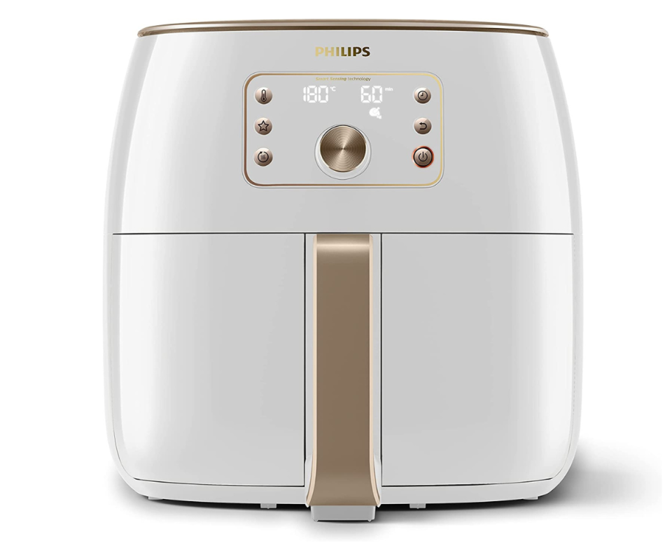 Philips Premium XXL Air Fryer in white and champagne against a white background