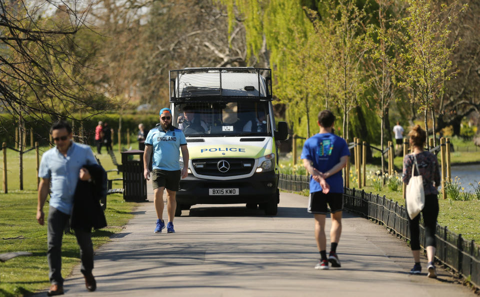 A police van patrols Regent’s Park, North London, as the UK continues in lockdown to help curb the spread of the coronavirus