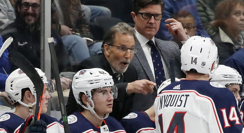 UNIONDALE, NEW YORK - DECEMBER 23: John Tortorella, head coach of the Columbus Blue Jackets handles bench duties against the New York Islanders at NYCB Live's Nassau Coliseum on December 23, 2019 in Uniondale, New York. With the game, Tortorella tied Jacques Martin for 13th place in the NHL in games coached with 1294. The Blue Jackets defeated the Islanders 3-2. (Photo by Bruce Bennett/Getty Images) 