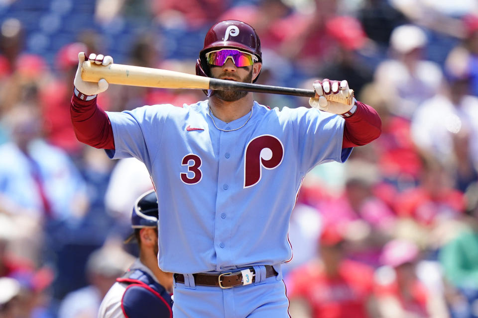 Philadelphia Phillies' Bryce Harper reacts after a strike from Atlanta Braves pitcher Ian Anderson during the third inning of a baseball game, Thursday, June 10, 2021, in Philadelphia. (AP Photo/Matt Slocum)