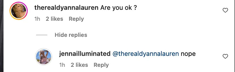 Jameson replied to a fan on Instagram asking about her well-being after Lawless’ TikTok on Tuesday.