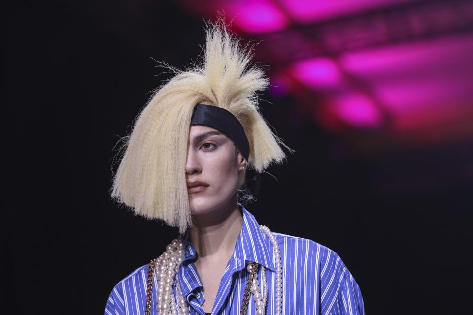 A model wears a creation for the Watanabe ready-to-wear Spring/Summer 2023 fashion collection presented Saturday, Oct. 1, 2022 in Paris. (Photo by Vianney Le Caer/Invision/AP)