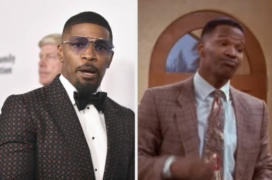 Jamie Foxx on the red carpet on the left; Jamie Foxx in "Moesha" on the right