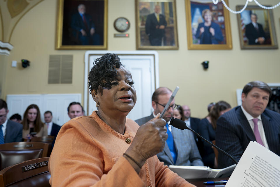 Rep. Gwen Moore, D-Wis., a member of the House Ways and Means Committee, testifies as the House Rules Committee meets to prepare Speaker Kevin McCarthy's debt ceiling package for the floor, on Capitol Hill in Washington, Tuesday, April 25, 2023. At far right is House Budget Committee Chairman Jodey Arrington, R-Texas. (AP Photo/J. Scott Applewhite)