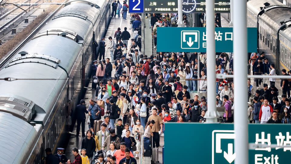 Passengers at Nanjing Railway Station in East China's Jiangsu province on May 5, the last day of the Labor Day holiday. - Costfoto/NurPhoto/Getty Images