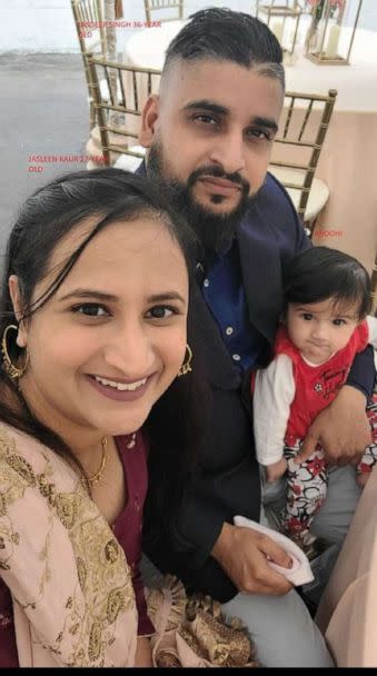 PHOTO: 8-month-old Aroohi Dheri, mother Jasleen Kaur and father Jasdeep Singh, who were taken against their will from a Merced County, Calif. business, are seen in an image posted by Merced County Sheriff's Office via Facebook. (Merced County Sheriff's Office/Facebook)