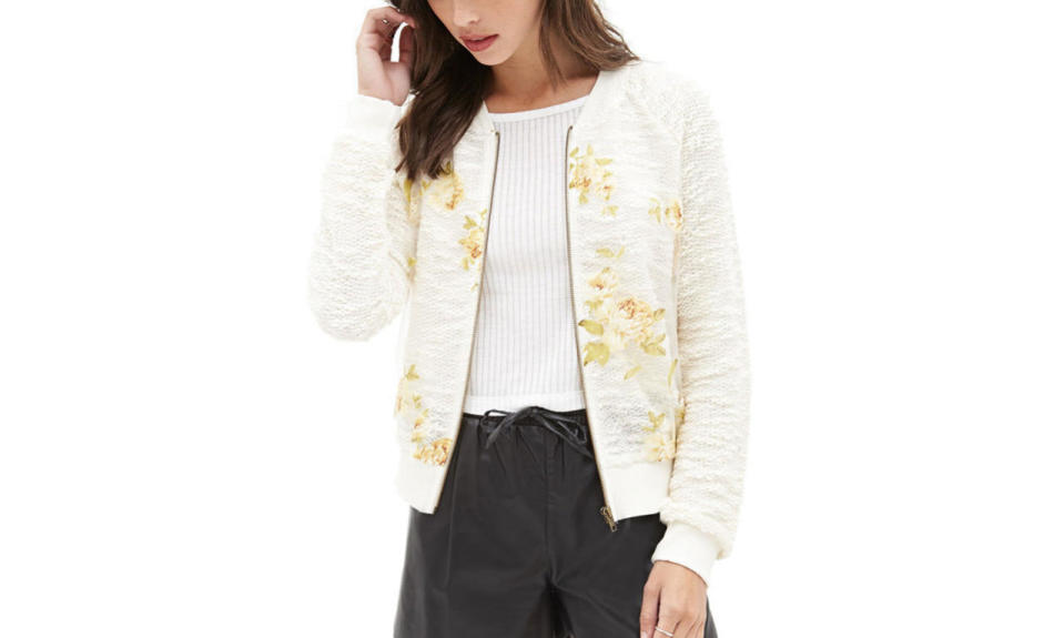 Forever 21 Rose Print Bouclé Bomber Jacket