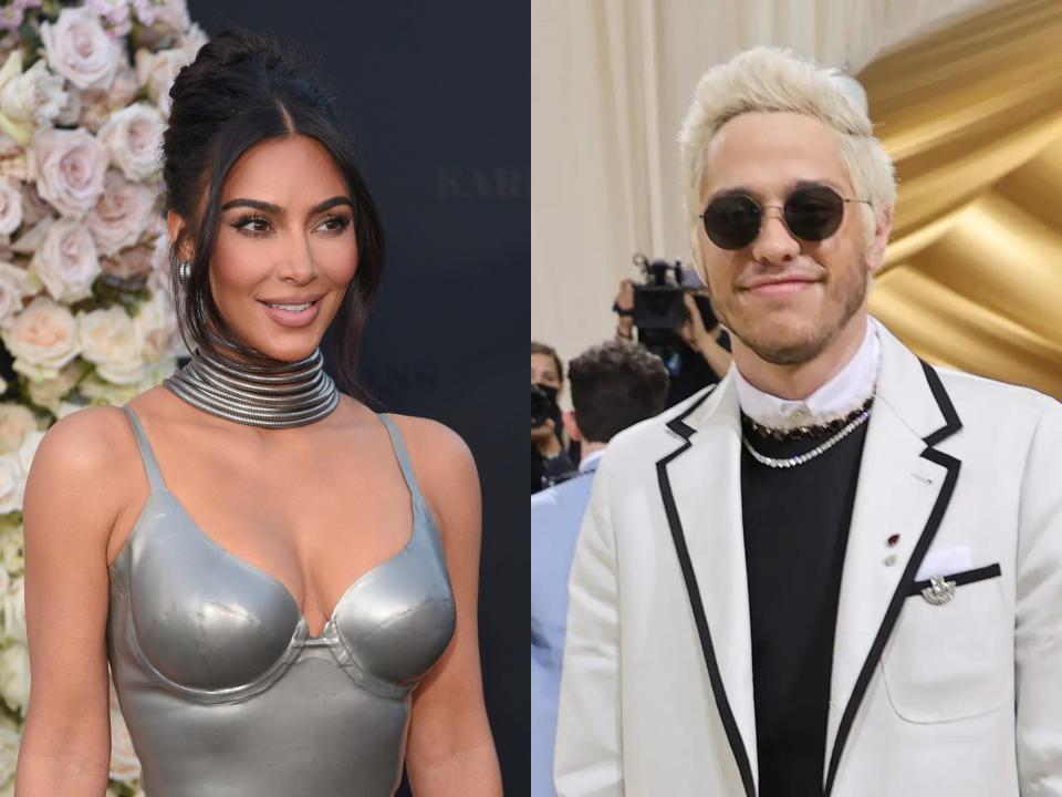 left: kim kardashian in a silver dress and thick choker necklace at the premiere for the kardashians; right: pete davidson in a white suit jacket with circular sunglasses at the 2021 met gala