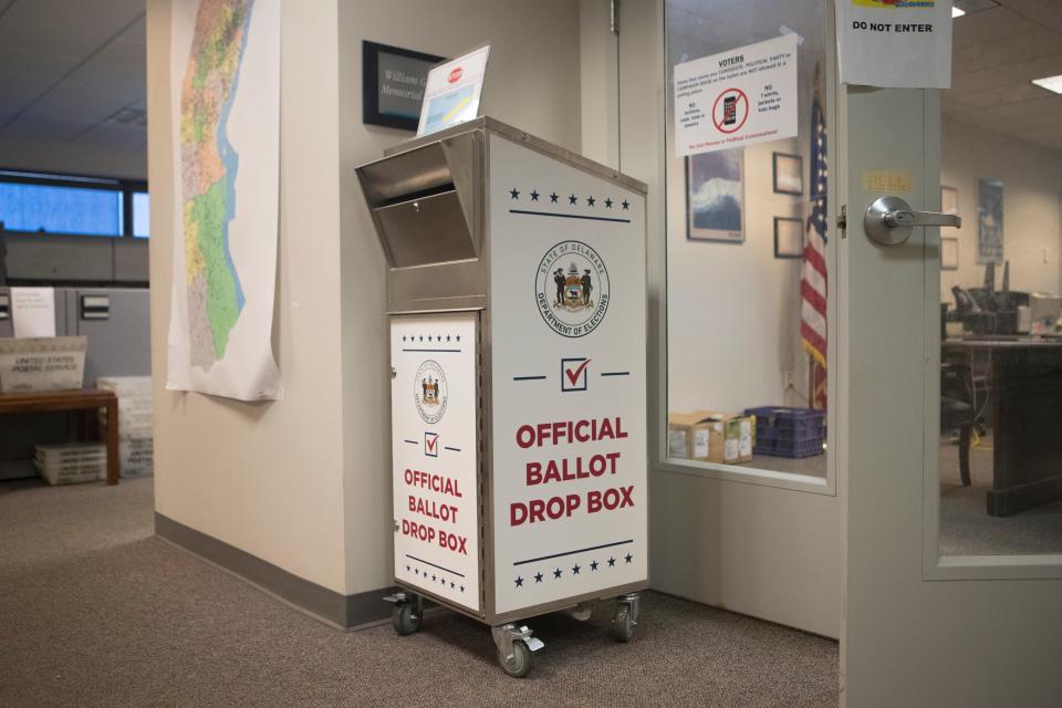 An official ballot drop box sits in the lobby of the Department of Elections New Castle County Office Wednesday, Oct. 14, 2020. 