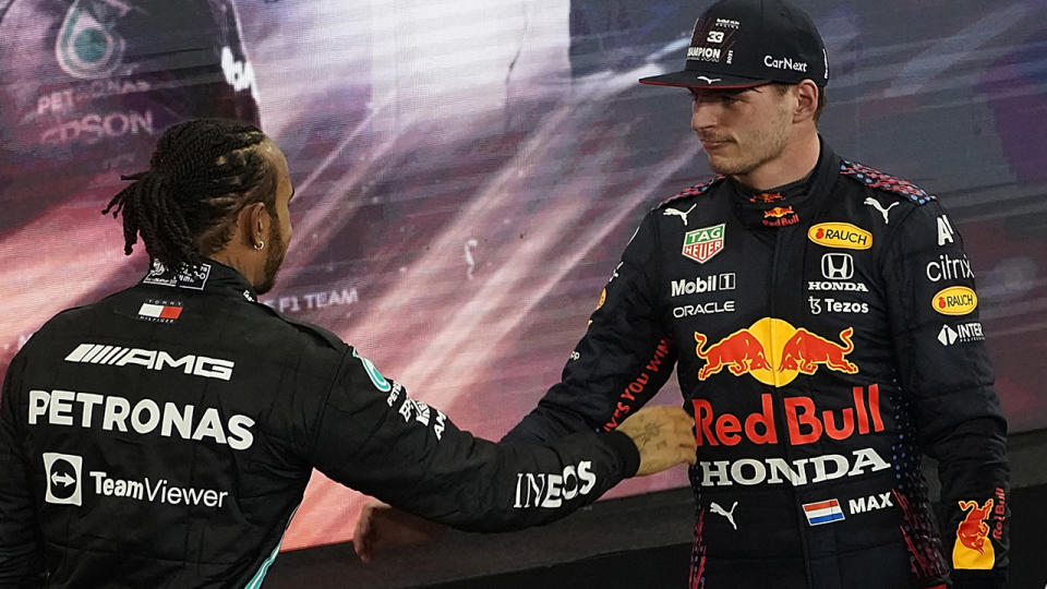 Lewis Hamilton and Max Verstappen duelled on the last lap for the F1 world championship at the Abu Dhabi season finale. (Photo by Hasan Bratic/DeFodi Images via Getty Images)