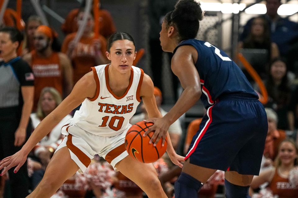 Texas' Shay Holle guards UConn's KK Arnold during the Longhorns' win Dec. 3. Despite the loss of star point guard Rori Harmon, the reigning Big 12 defensive player of the year, coach Vic Schaefer said UT can sill be a strong defensive team.