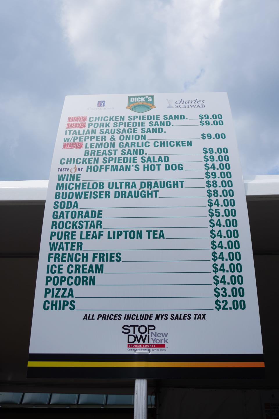 Food menu at the main concessions stand at the Dick's Sporting Goods Open on Friday, June 21, 2024.