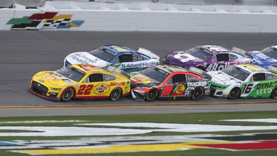 Joey Logano (22) led six times for a total of 12 laps on Sunday, including taking the white flag, but he couldn't hold off Ricky Stenhouse Jr.