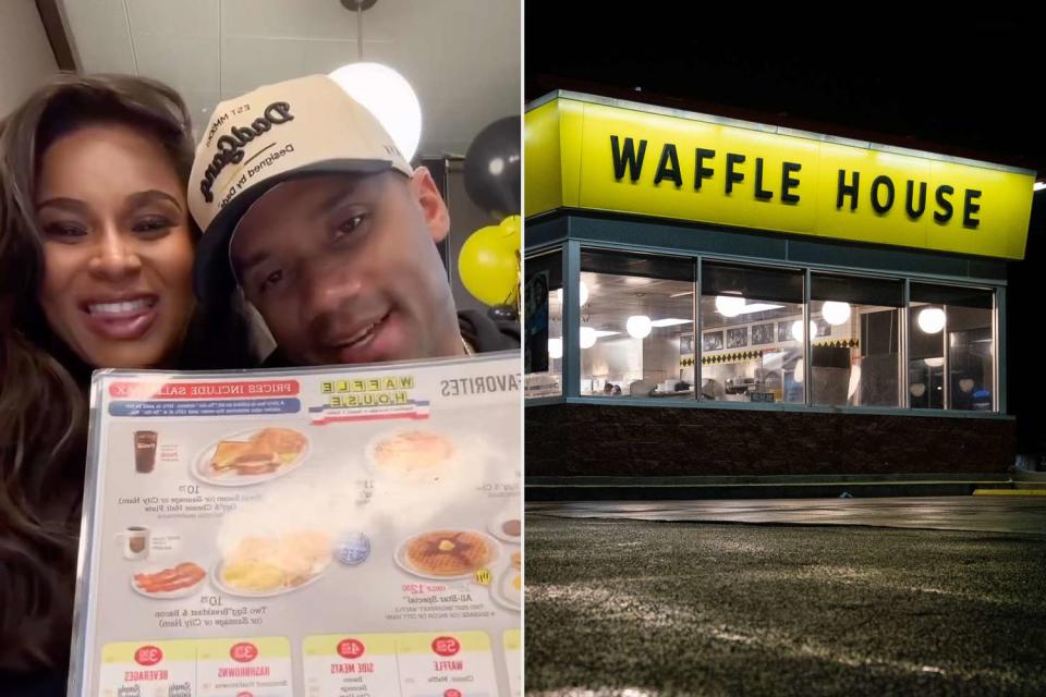 <p>Ciara/Instagram; Elijah Nouvelage/Bloomberg via Getty</p> Ciara and Russell Wilson at Waffle House in Denver for her 38th birthday bash (left) and a Waffle House location