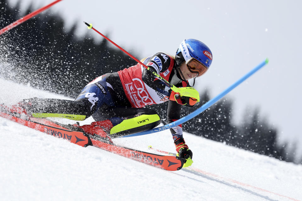 United States' Mikaela Shiffrin competes during the first run of an alpine ski, women's World Cup slalom race, in Saalbach, Austria, Saturday, March 16, 2024. (AP Photo/Marco Trovati)