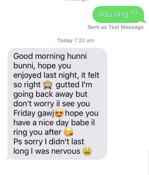 A screenshot of a text conversation displaying a humorous and confused morning greeting with typos and an apology at the end