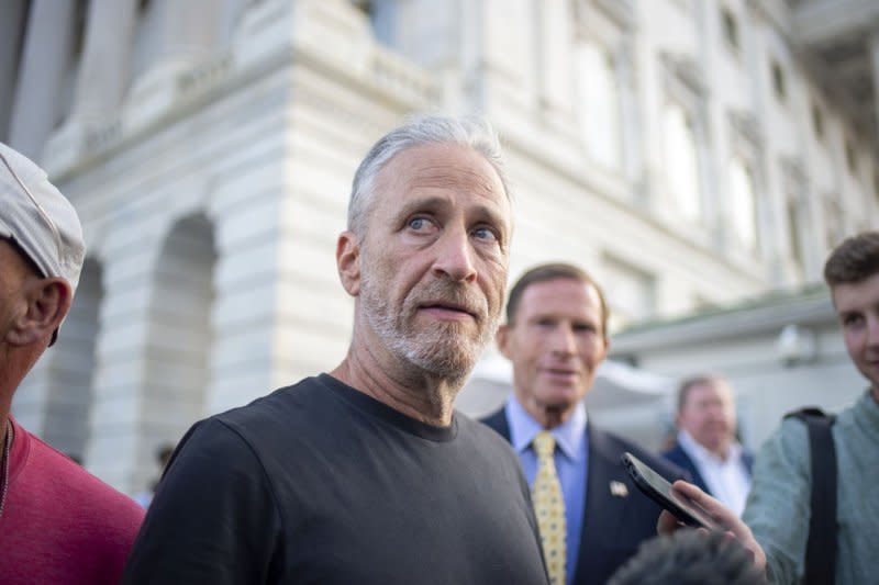 Comedian and activist Jon Stewart, speaks after the Senate passed the PACT Act, a bill to expand health care benefits for veterans exposed to toxic burn pits, at the U.S. Capitol in Washington in 2022. File Photo by Bonnie Cash/UPI